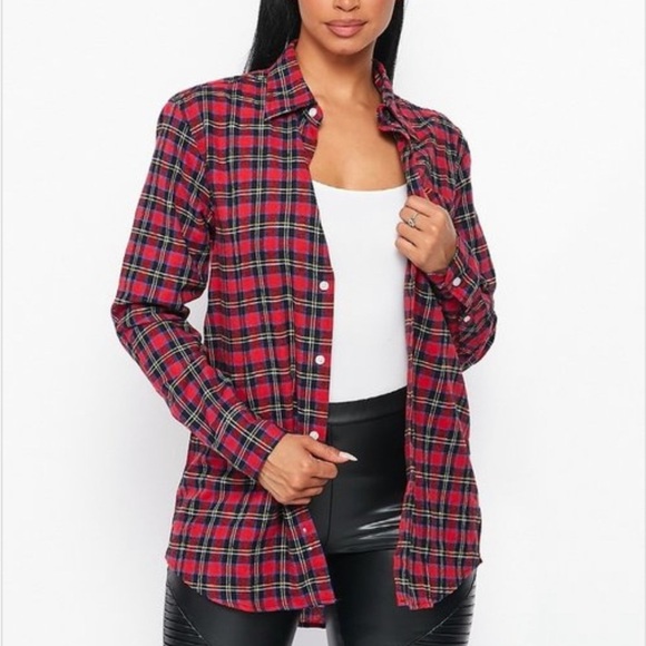 NEW FALL UNISEX TRENDY RED MULTI PLAID FLANNEL LONG SLEEVE BUTTON UP SHIRT - Picture 2 of 7